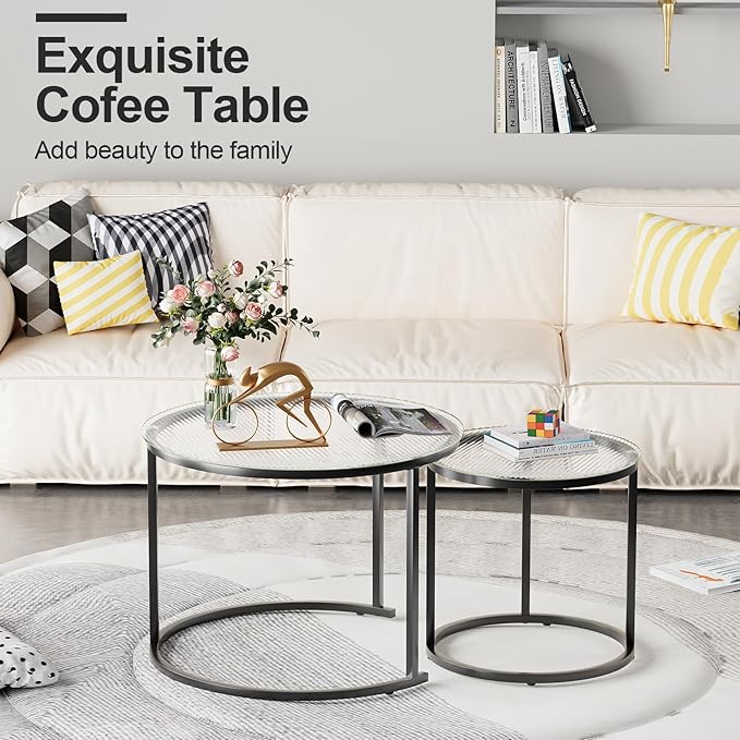 aboxoo Gold Nesting Coffee Table Set of 2, Small Glass Round Nesting Tables