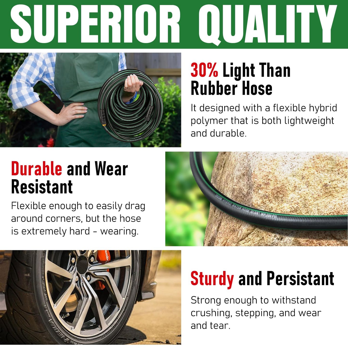 Heavy Duty Garden Hose 25ft, NON-EXPANDABLE Flexible Water Hose, Kink Resistant Lightweight Hybrid Hose, Leakproof Hose Male to Female Fittings