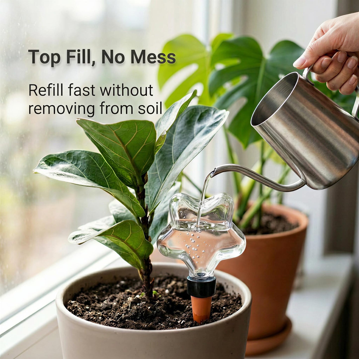 Kysren 4 Pcs Self Watering Globes for Indoor Plant Lovers - Top-Fill Plant Watering Devices for Vacation, 7oz Clear Plastic Star Watering Bulbs with Terracotta Spikes