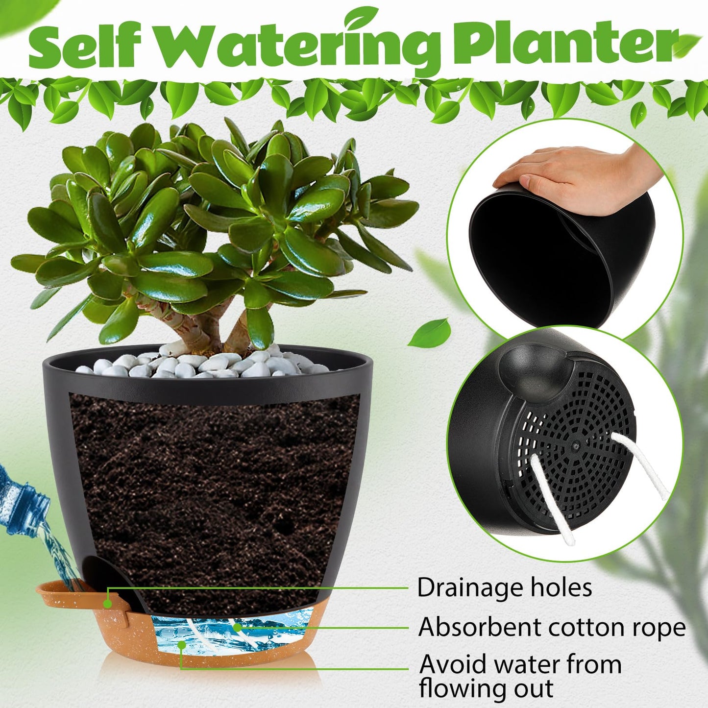 Remerry 15 Pcs 7/6.5/6/ 5.5/5 Inch Self Watering Planters with Drainage Hole Plant Pots Plastic Flower Pots Self Watering Pot and Saucer Reservoir for Garden Plant Flower(Black)