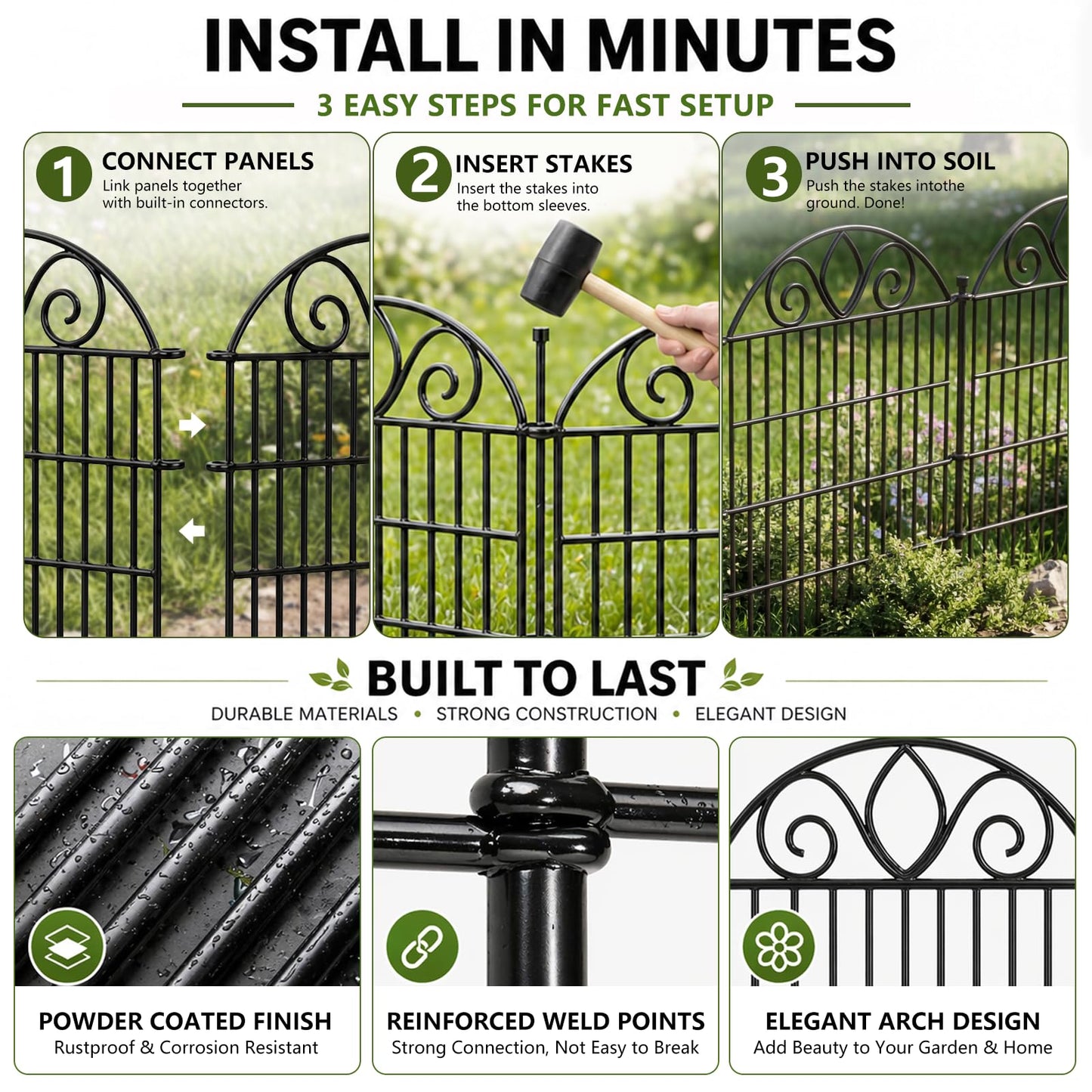 10-Panel No-Dig Tall Garden Fence – 34″H x 22′L Rustproof Metal Dog Fence, Decorative Yard & Garden Animal Barrier, Easy Install Outdoor Pet & Flower Bed Border, Temporary Fence