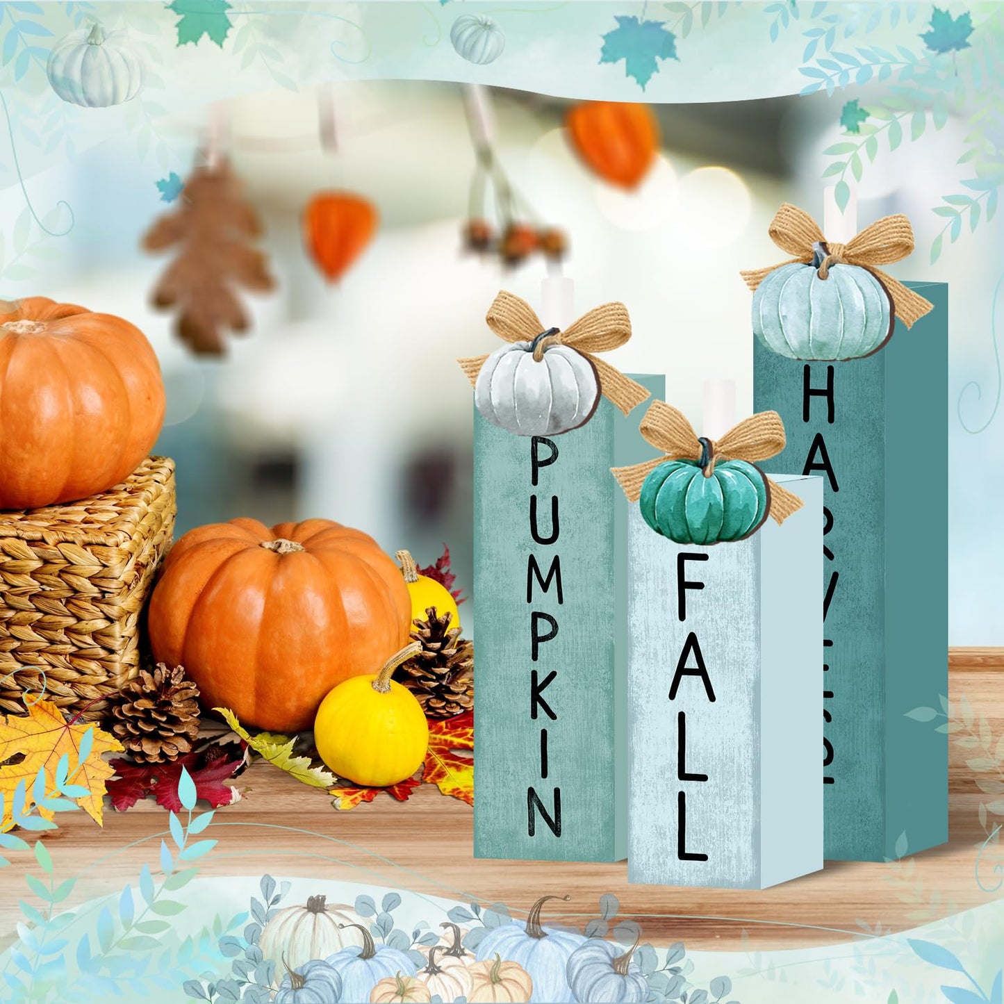 3 Pcs Blue Fall Decorations for Home, Blue Pumpkin Tiered Tray Decor Farmhouse Fall Thanksgiving Wooden Table Decor Autumn Harvest Tabletop Centerpieces for Home Kitchen Indoor Mantel