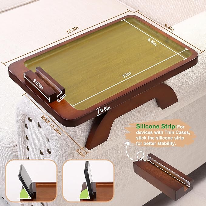 SINWANT Couch Arm Tray, Bamboo Couch Arm Table