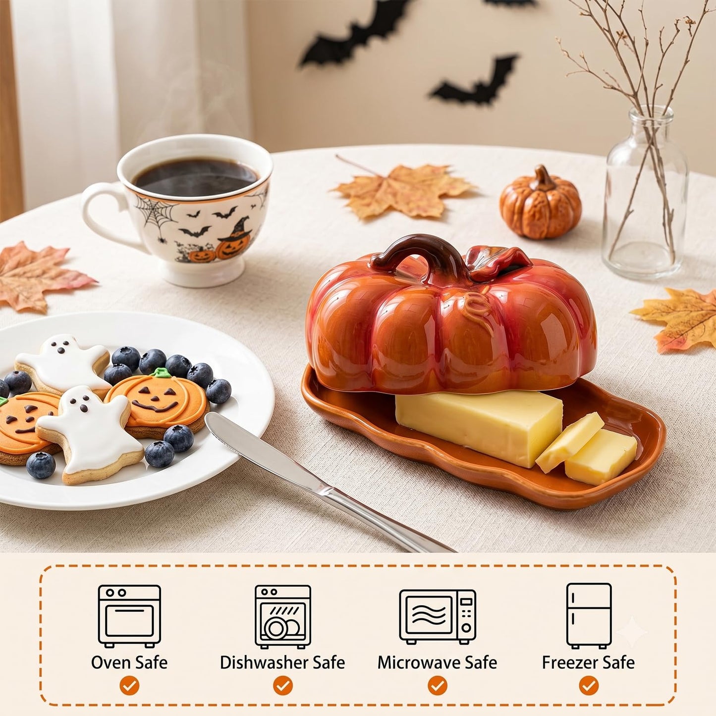 Pumpkin Butter Dish Set with Lid,Kitchen Countertop Tray with Lid,Multi-Purpose Pumpkin Shaped Snack Plate,Ideal Kitchen Decoration and Holiday Gifts such as Halloween &Thanksgiving (Orange, General)