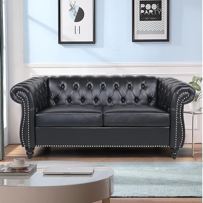 LEVNARY Leather Sofa, Chesterfield Tufted Upholstered 2 Seater Couch, Modern