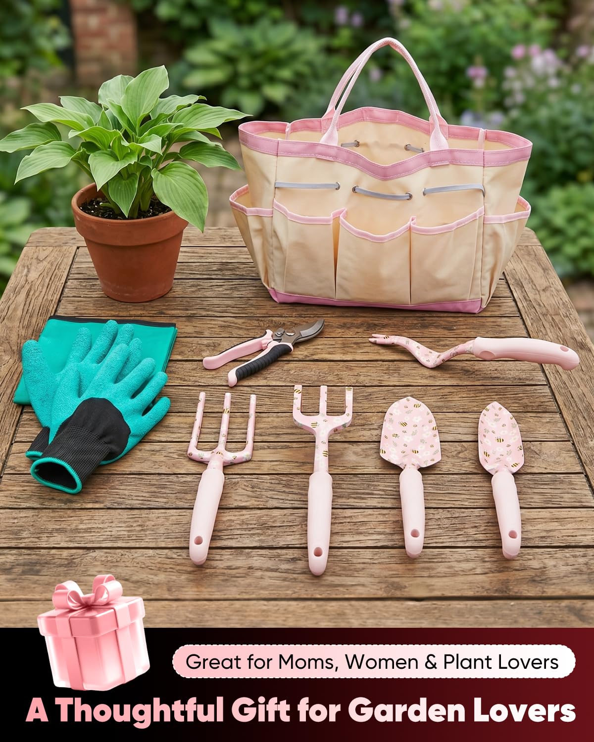 Garden Tool Set Gardening Tools - Heavy Duty Aluminum Tool Kit with Non-Slip Handle, Gardening Gloves and Tool Bag for Weeding, Planting and Pruning, Gifts for Women Mom (Pink Set)