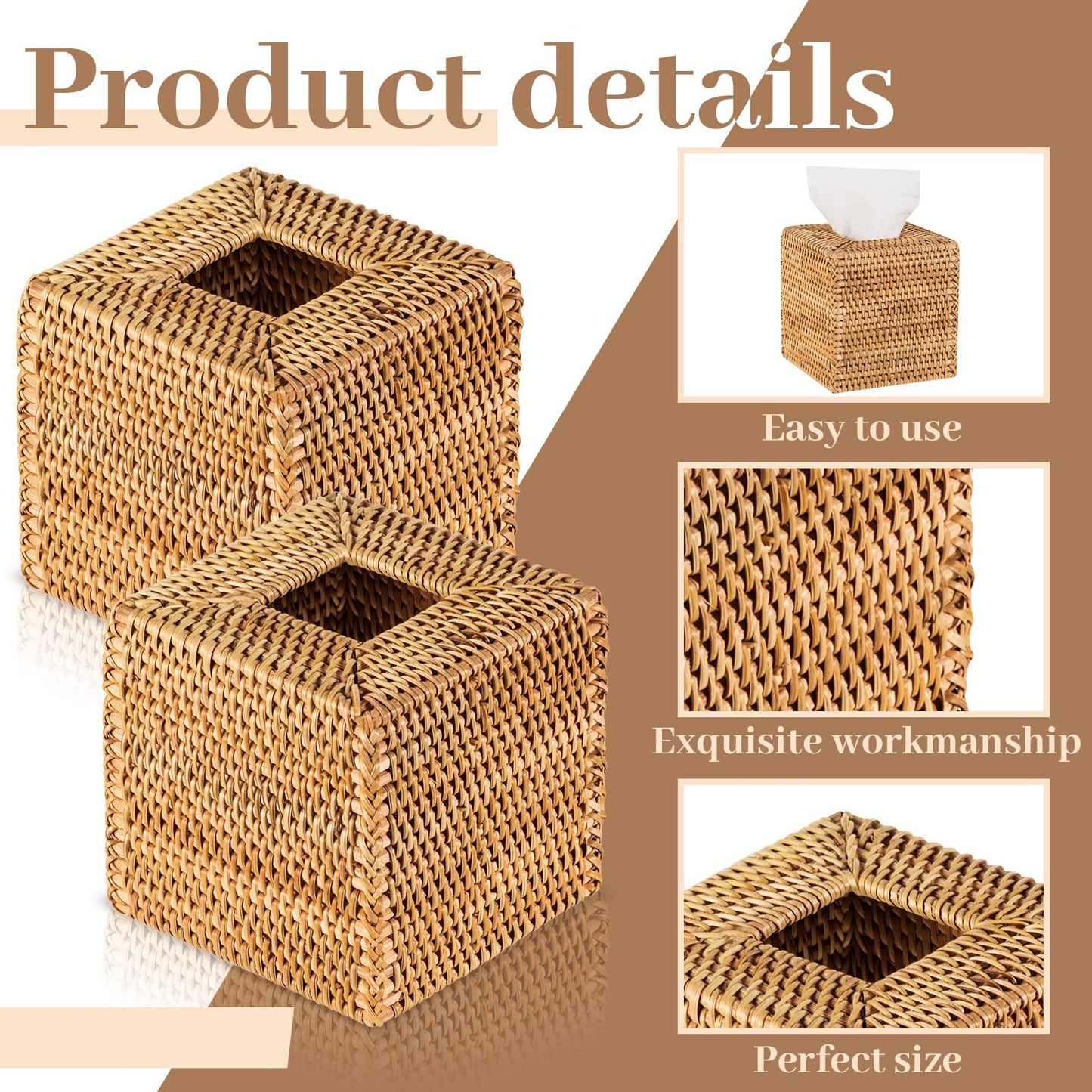 Kigley 2 Pcs Square Rattan Tissue Box Cover Boho Wicker Tissue Cube Box Cover 5.5'' x 5.5'' x 5.5'' Decorative Natural Wicker Hand Woven Napkin Box Holder Bathroom Office Car Accessories (Wood)