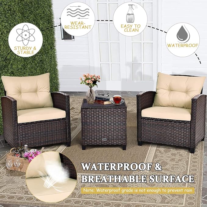 COSTWAY 3PCS Patio Furniture Set, PE Rattan Wicker Sofa w/Washable Cushion and