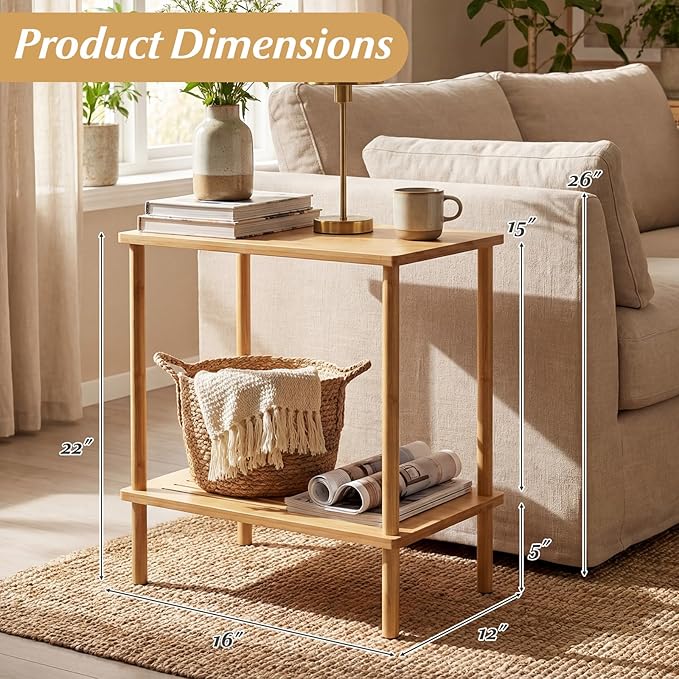 Giantex Bamboo Side Table Set of 2, 2-Tier Sofa End Bedside Table w/Storage