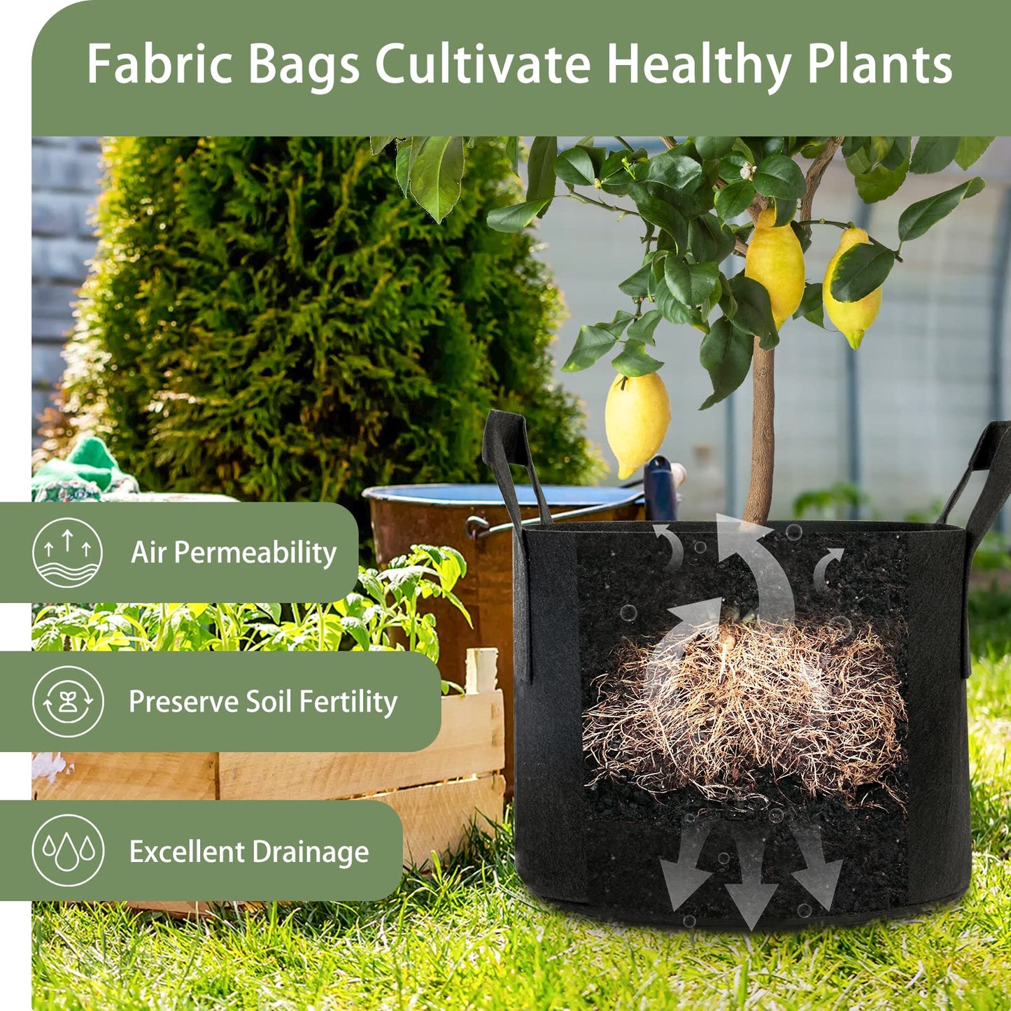 GreatBuddy Grow Bags 10 Gallon 12-Pack, Heavy Duty Fabric Grow Bags with Handles for Vegetables, Herbs, and Tomatoes, Fabric Pots & Planting Bags for Outdoor Home Gardening