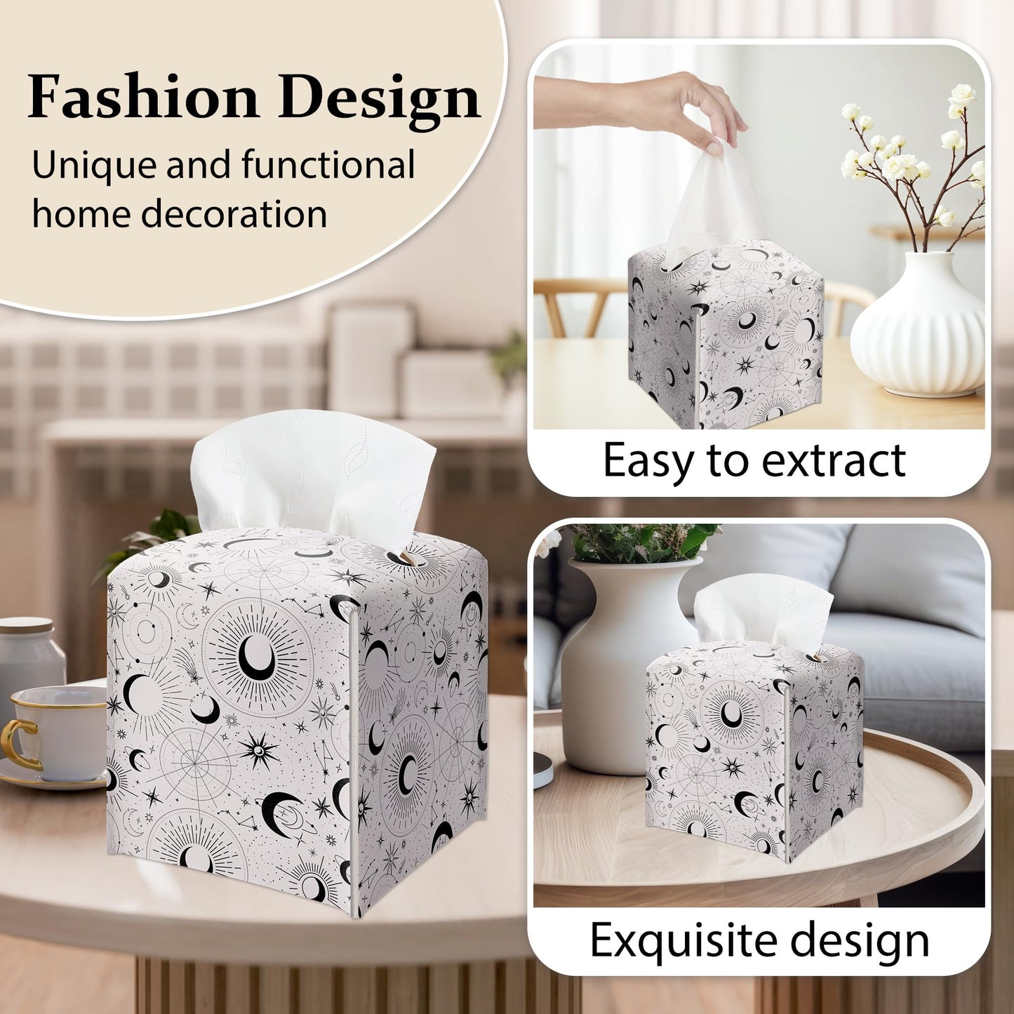 Space Galaxy Tissue Box Cover, Black Celestial Pattern Tissue Box Holder-Waterproof Leather, Desktop Decor for Living Room Vanity Office, Aesthetic Home Decor, Gift for Women & Friend-A18