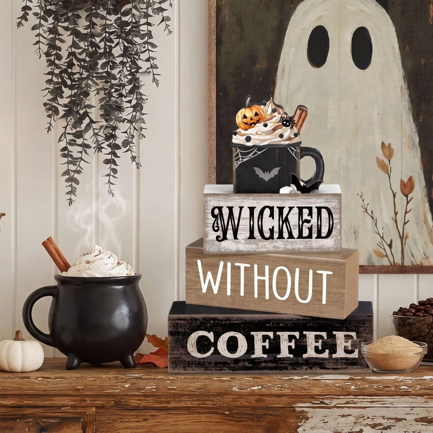 Lineshading 4 Pcs Halloween Coffee Table Decorations Wicked Wooden Stacked Sign Decor Rustic Halloween Tiered Tray Decor Decorative Pumpkin Ghost Hot Cocoa Centerpiece for Home Kitchen Coffee Bar