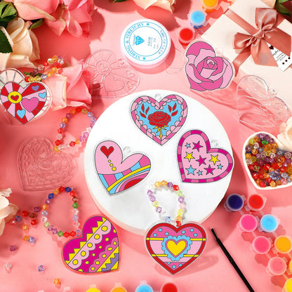 Beeveer 30 Sets Valentine's Day Suncatchers Craft Kits Heart Suncatcher Ornaments DIY Window Paint Art Sun Catchers for Valentines Adults Art Project Party Favors Gift (Heart)