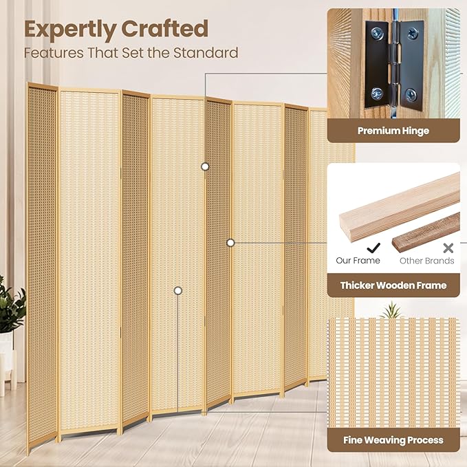 8 Panel Room Divider and Extra Wide Folding Privacy Screen, Bamboo Room Divider