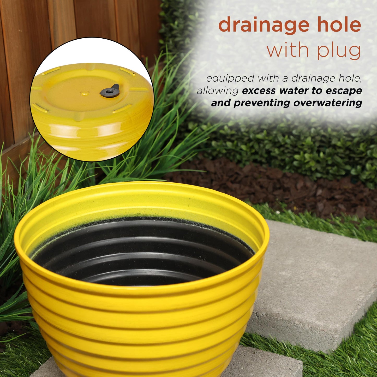 Alpine Corporation TWM116HH-S-YL Indoor/Outdoor 12" Round Plastic Planter, Ribbed Planter with Drainage Hole and Plug, Yellow