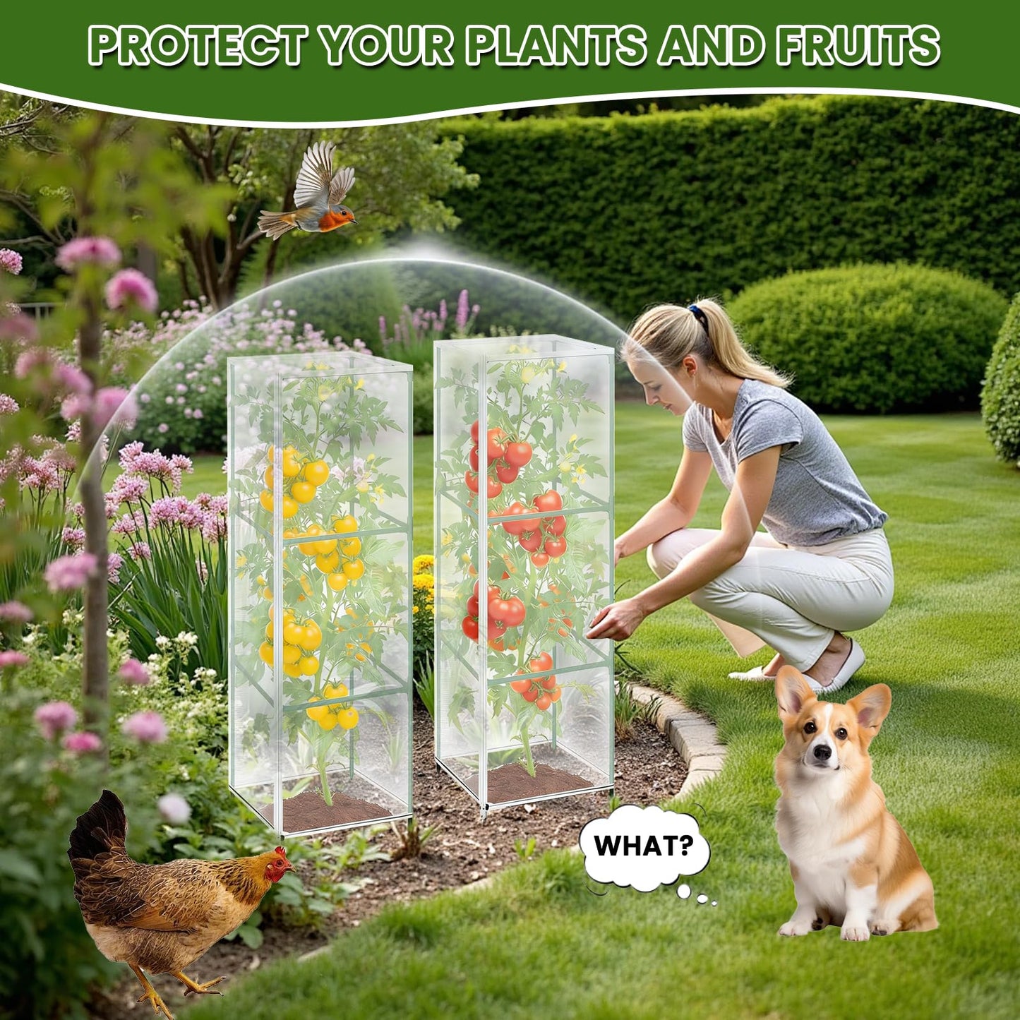 3 Pcs Garden Bird Net Cover for Square Tomato Cage, 59"x17.7" Insect Bird Barrier Tomato Cage Net with Zipper & Drawstring, Tomato Netting Protection Cover for Protecting,Cucumber from Birds, Insects