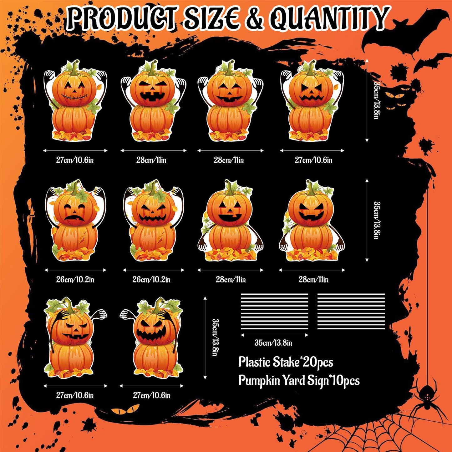 DECEED 10 PCS Halloween Pumpkin Yard Signs with Stakes, Waterproof Pumpkin Ghost Lawn Signs, Trick or Treat Party Garden Outdoor Decorations, 10 Cute Scary Styles