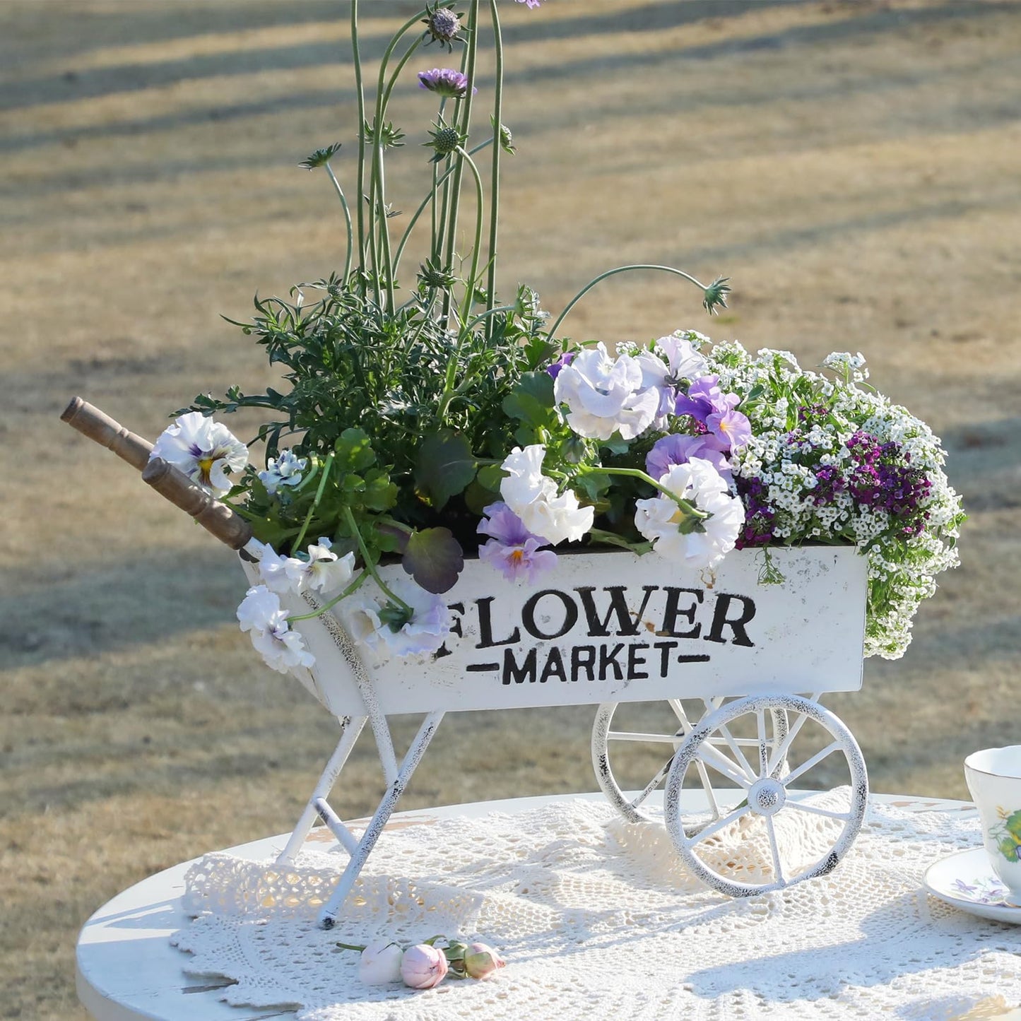 Z² BellaDecor 15 Inch Farmhouse Small Flower Cart with Wooden Handles Metal Wagon Planters for Outdoor Plants Decorative Wheelbarrow Plant Cart for Patio Garden Balcony White