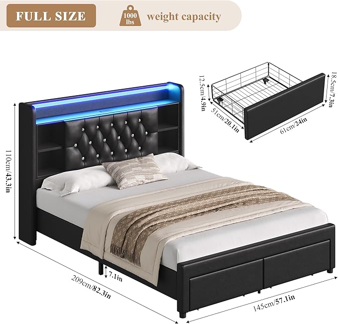 Full Bed Frame with Drawers, Hidden-Cubby & Shelves Storage Headboard with