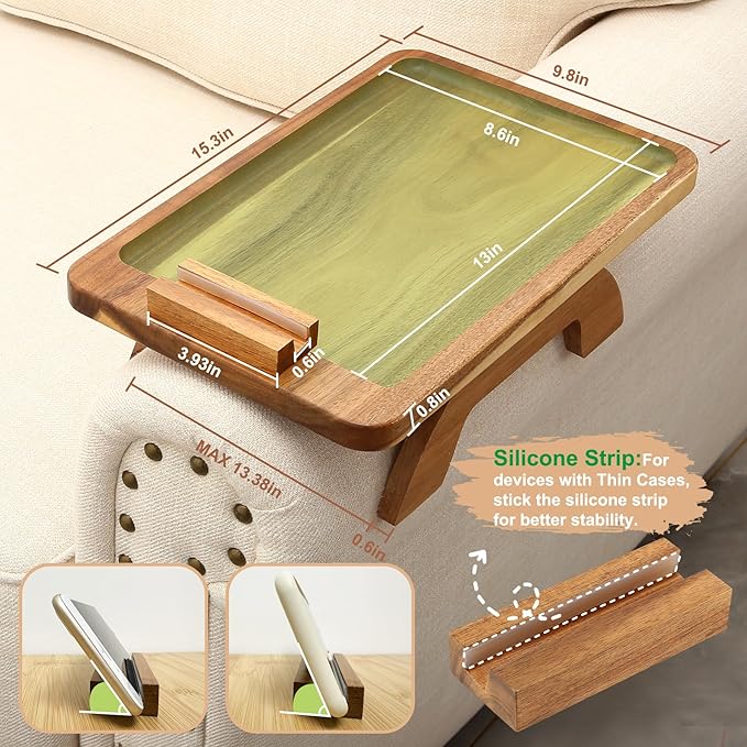 SINWANT Couch Arm Table, Acacia Wood Sofa Arm Rest Tables Couch Armrest Table
