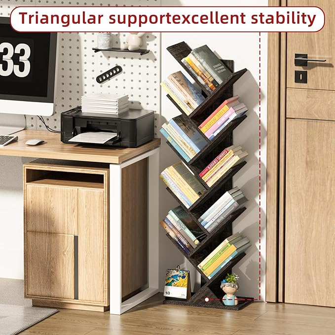 SHEEPAM 10 Tier Tree Book Shelf, Floor Standing Wood Bookshelf