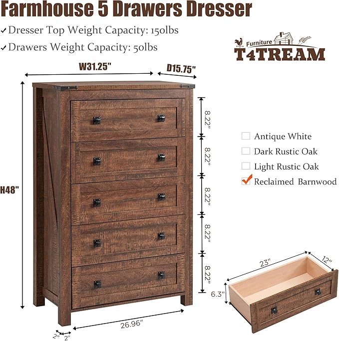T4TREAM Farmhouse 5 Drawers Dresser Chests