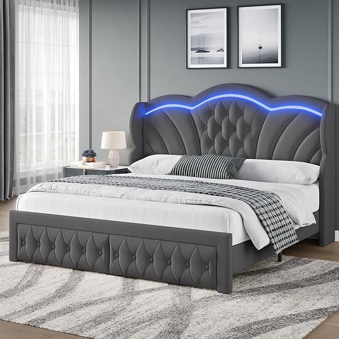 Keyluv Queen Bed Frame with LED Lights and 2 Storage Drawers, Velvet