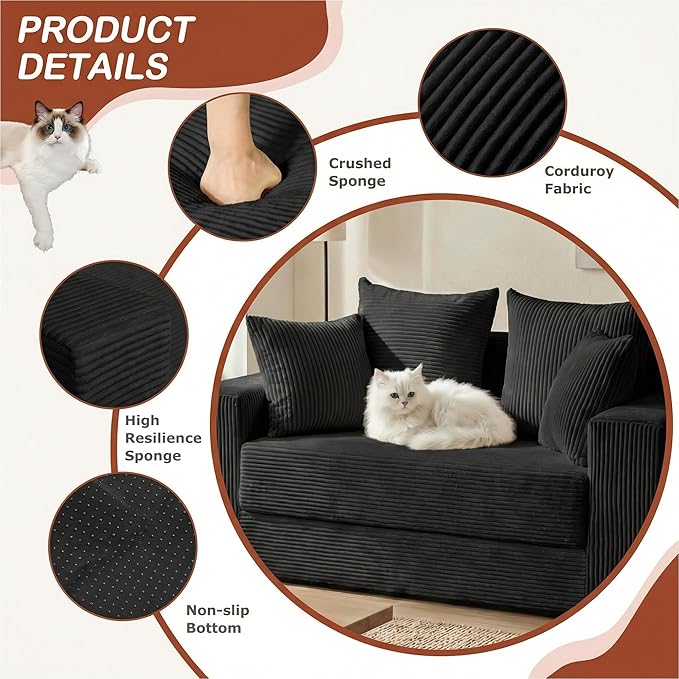 Convertible 5 in 1 Futon Sofa Bed Full Size, Corduroy Boneless Couch Sleeper