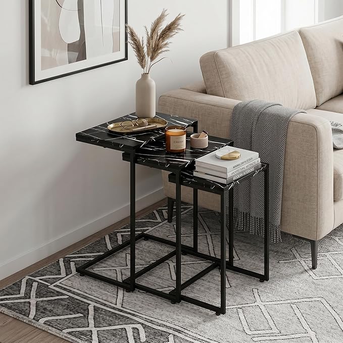SUPER DEAL Nesting Tables Set of 3, Industrial C Shaped End Table Stackable