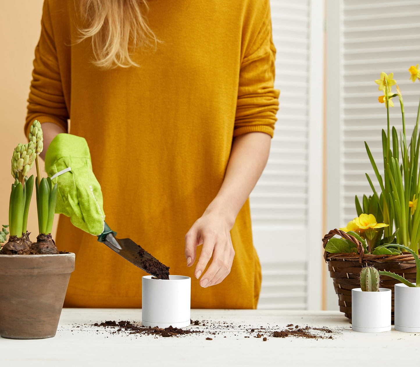 D'vine Dev 12 Pack 3 Inch Mini Plastic Plant Pots, Small Garden Planters for Plant with Drainage Holes and Saucers, White Color, 74-Z-C-4