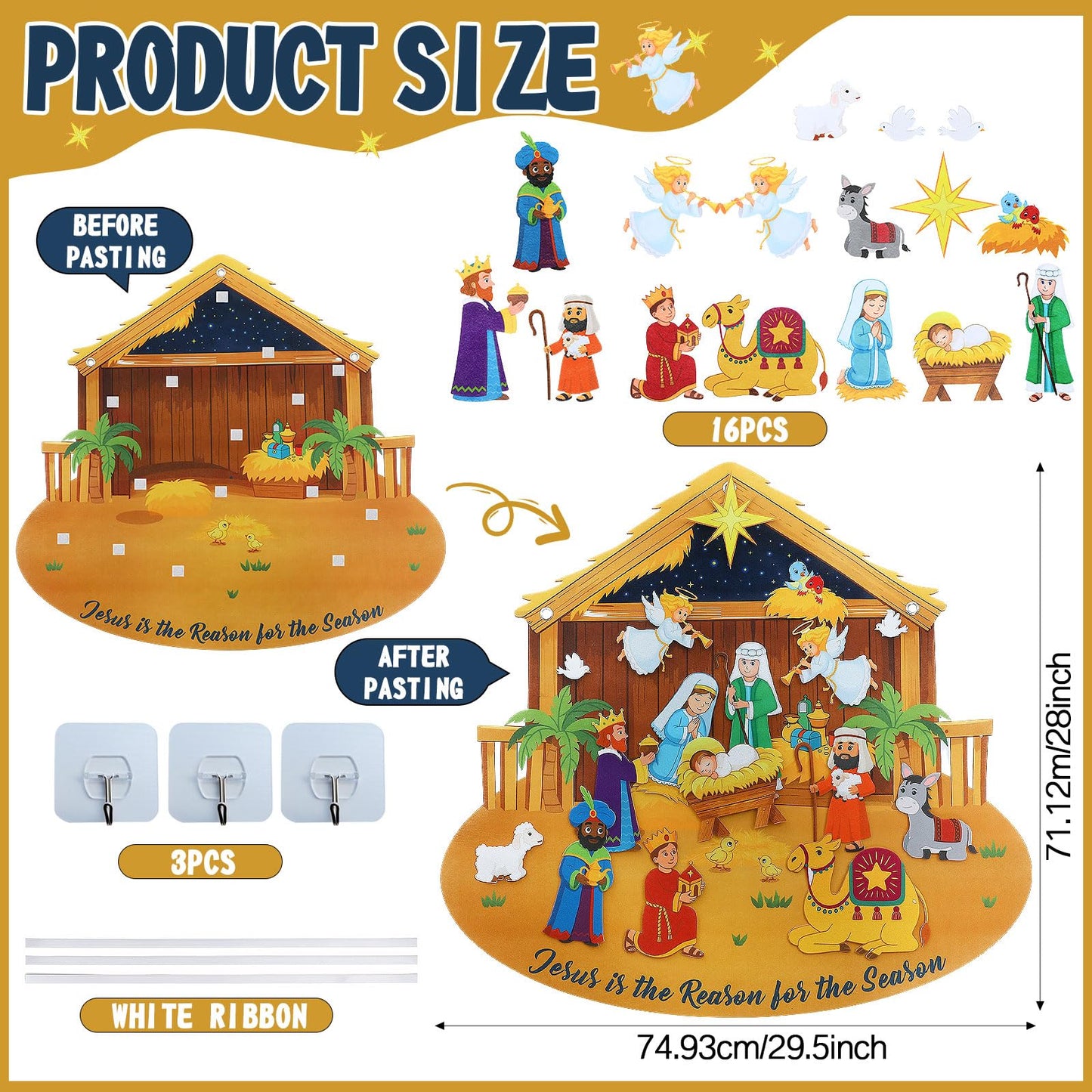 Tiamon Felt Christmas Tree Nativity Story Board Set Advent DIY Religious Nativity Scene with 16 Pcs Detachable Wall Ornaments Felt Board Craft Gift for Door Wall Decor