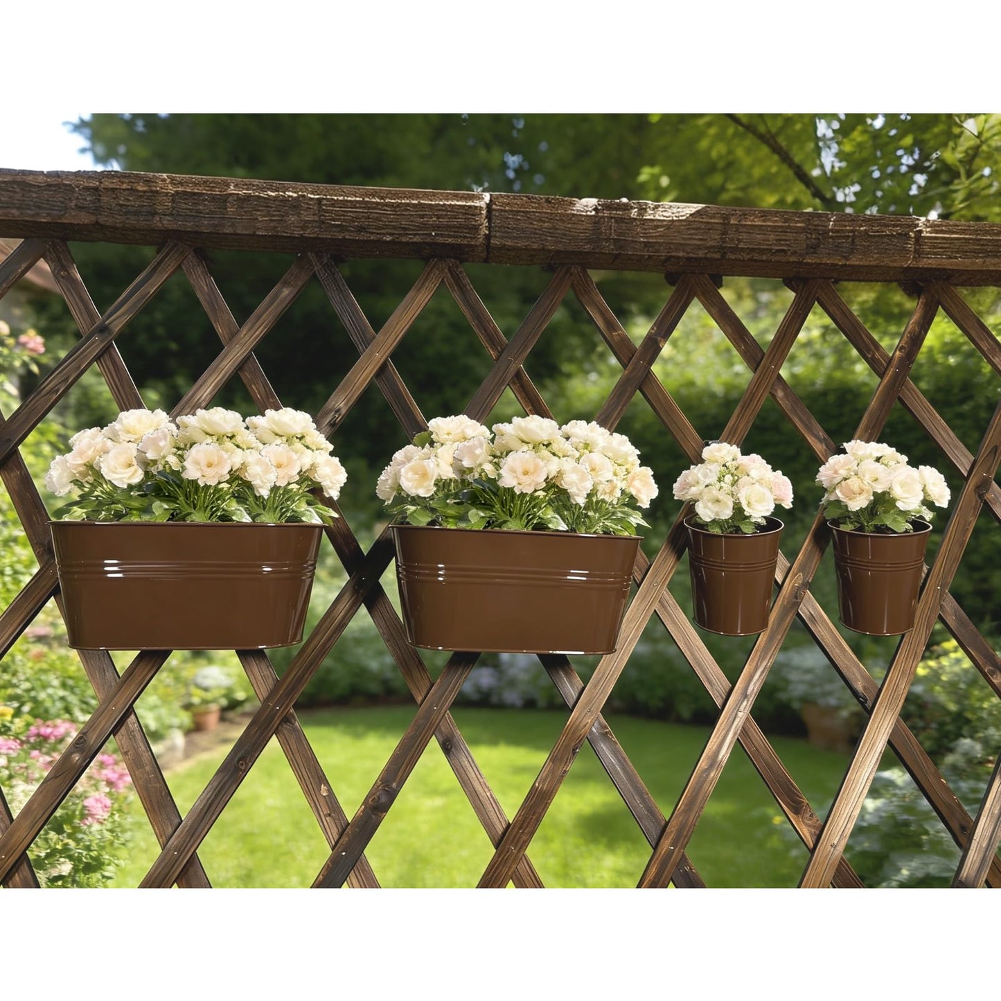 Joyfernal Pack of 4 Metal Hanging Planters for Outdoor Plants, 2 Pcs 4" Round Railing Planter & 2 Pcs 10" Oval Fence Flower Pots for Balcony Garden Decor, Chocolate