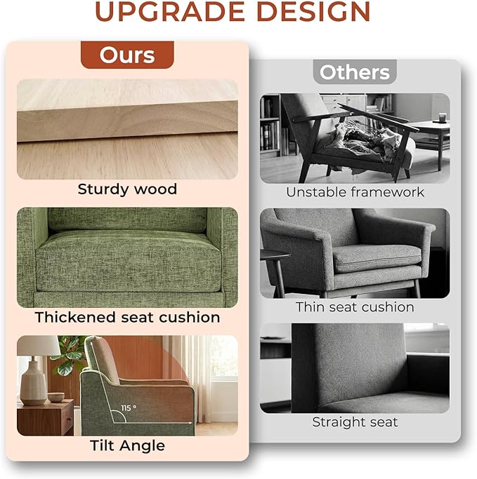 TLSUNNY Mid-Century Accent Chair, Modern Upholstered Chenille Armchair & Padded