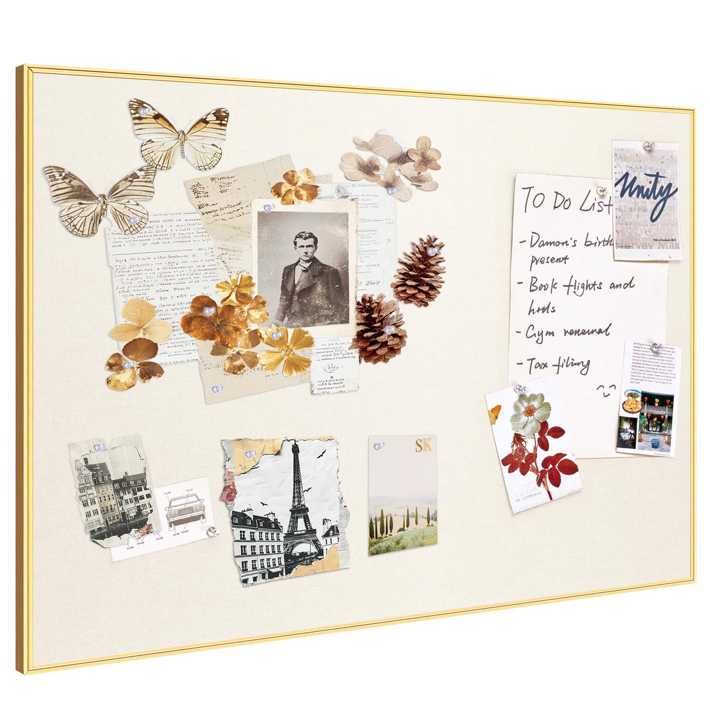 Lightomorrow Bulletin Board 40 x 30 inches, Oatmeal White Pin Board, Golden Aluminum Framed Fabric Cork Board with 10 Push Pins