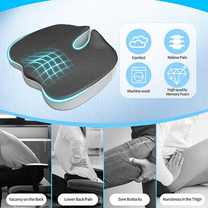 Office Chair Cushion with Coccyx Cutout & U-Shape Design, 2.8" Memory Foam for Back Pain Relief - Ergonomic Seat Pad, Removable Cover, Universal Fit