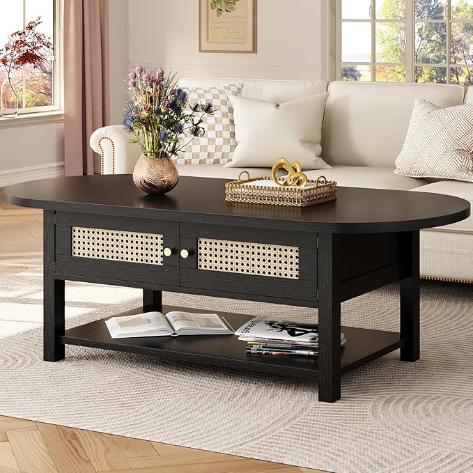 LVB Rattan Coffee Table, Boho Wood Living Room Table
