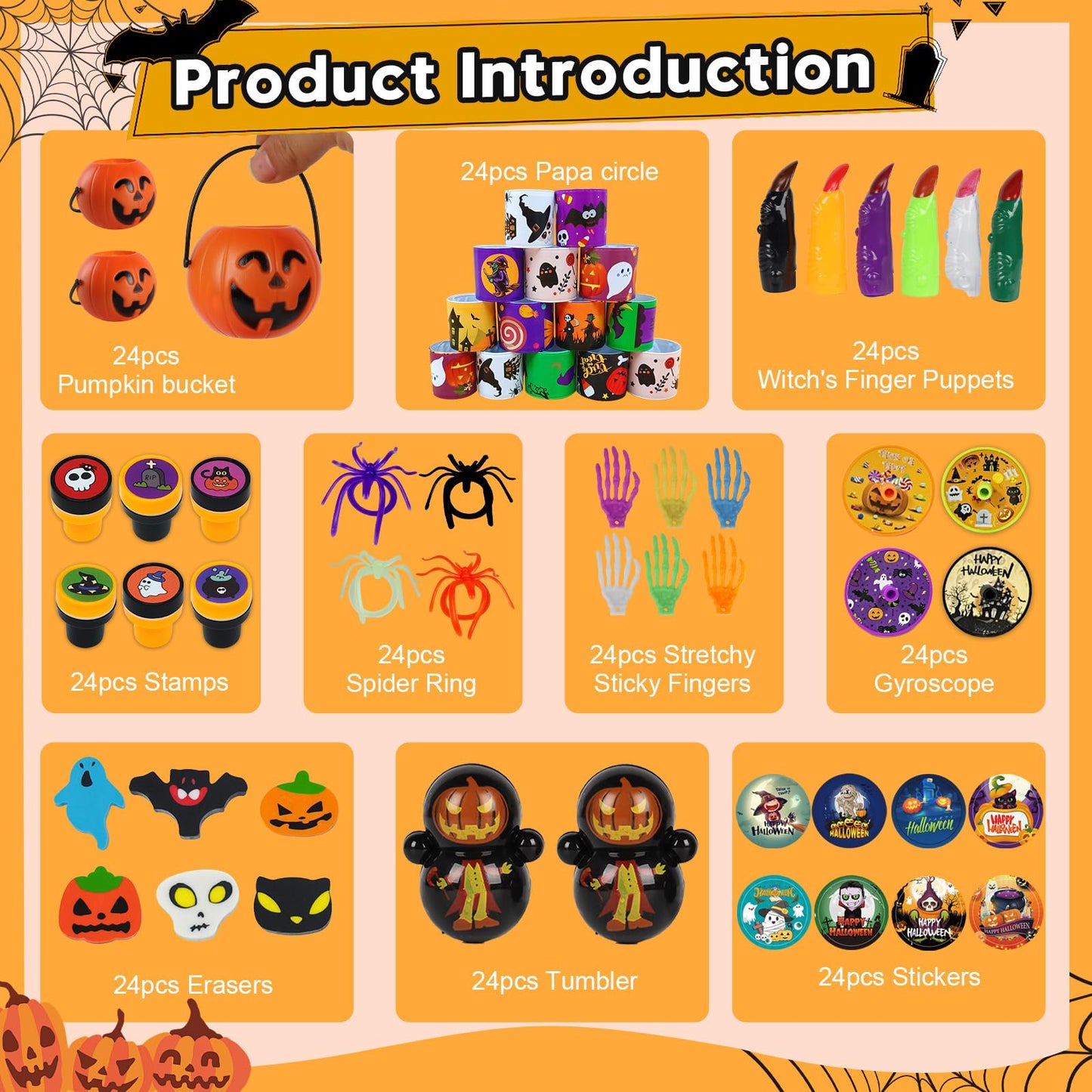 KPHNGB 240PCS Bulk Halloween Party Favors - 24 Pack Pre-filled Mini Pumpkin Buckets Set, Non-Candy Treats Toys & Goodie Bags Stuffers for Trick or Treat, Kids' Prizes