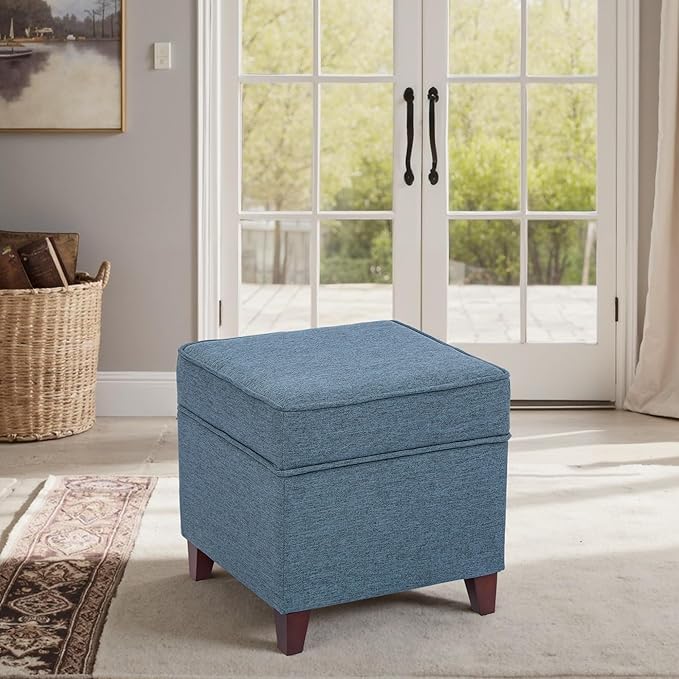 Adeco 17" Square Ottoman with Storage, Small Blue Storage Ottoman Foot Rest