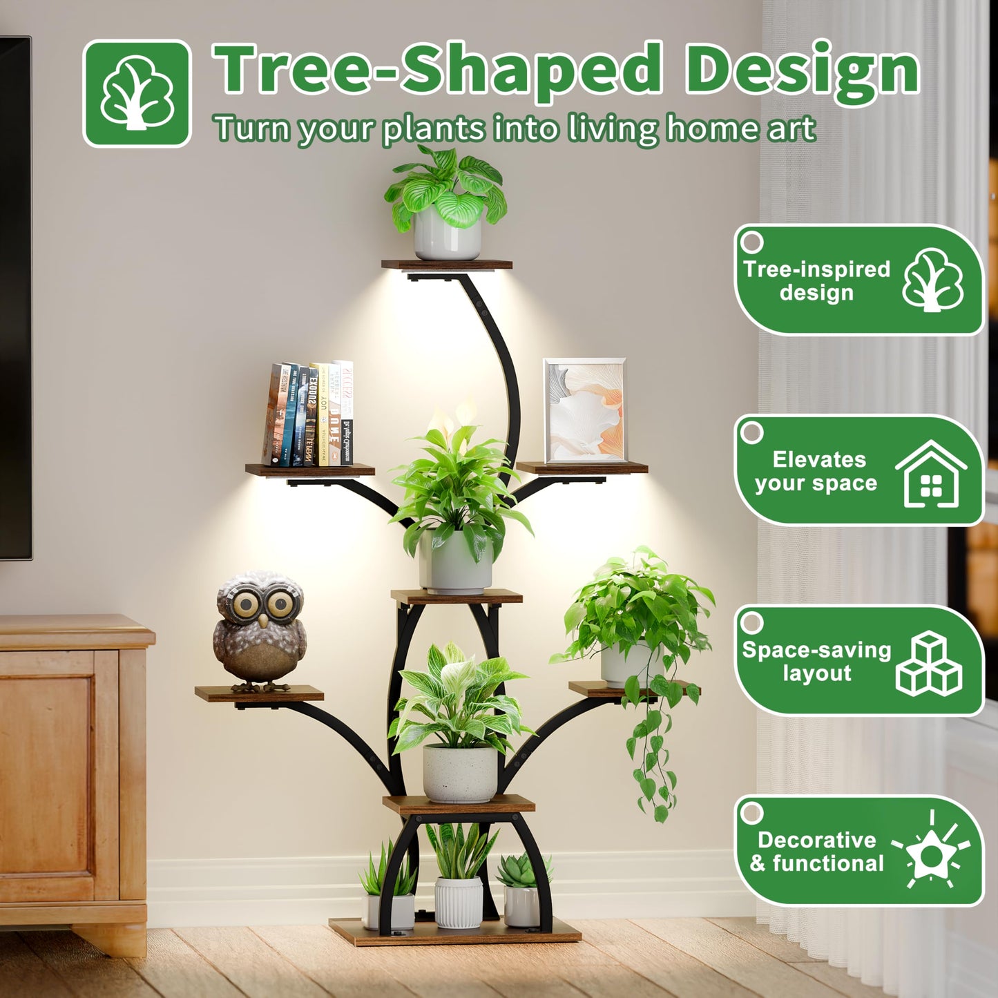 CODACE Plant Stand Indoor with Grow Lights, 6 Tiered Plant Shelf Indoor, 50" Corner Plant Stands for Indoor Plants, Lighted Tree-Shaped Plant Holder, Tall Flower Display Rack for Living Room