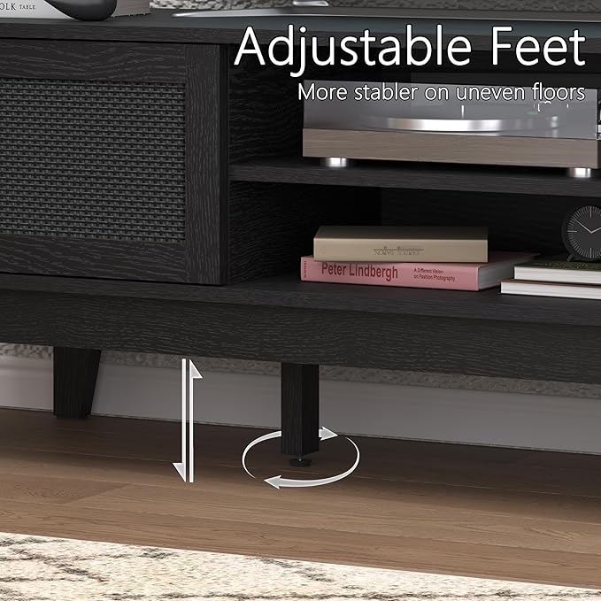 Xixini Boho TV Stand for 55 65 Inch TV, Rattan Entertainment Center