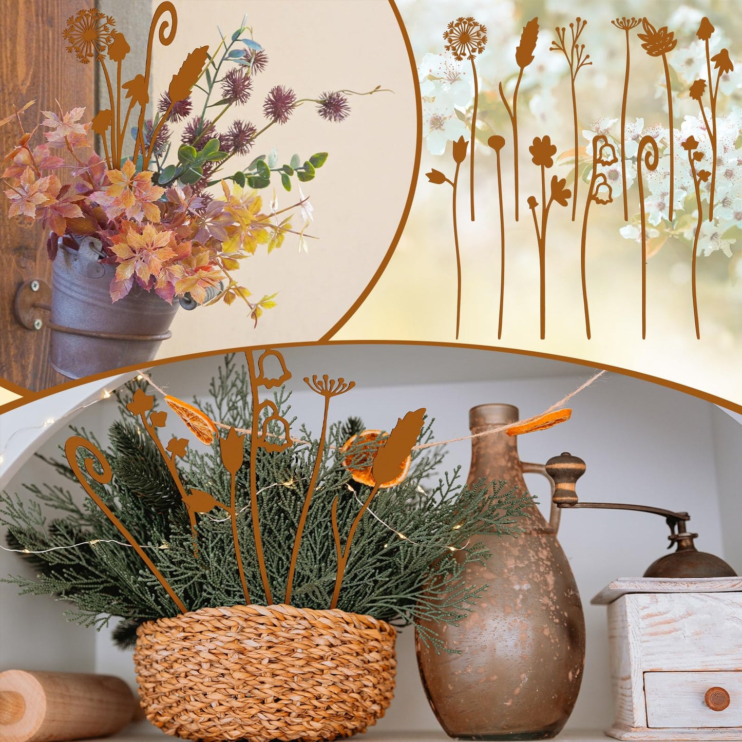 LEIFIDE 12 Pcs Rusty Metal Flowers Stakes Rustic Metal Floral Yard Art Lawn Art Fern Decor Garden Stakes for Home Patio Farm Wedding Courtyard Decoration 11 Inches Tall