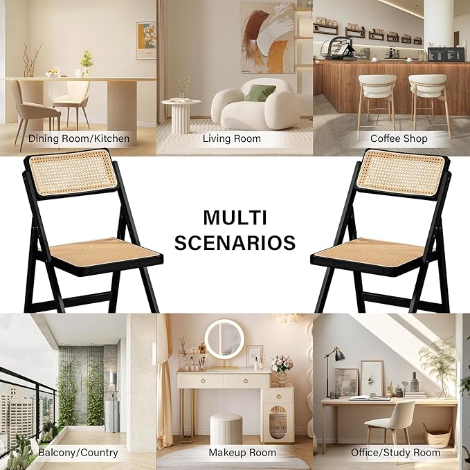 Furlide Rattan Folding Chairs, Modern Mid Century Dining Chairs Set of 2