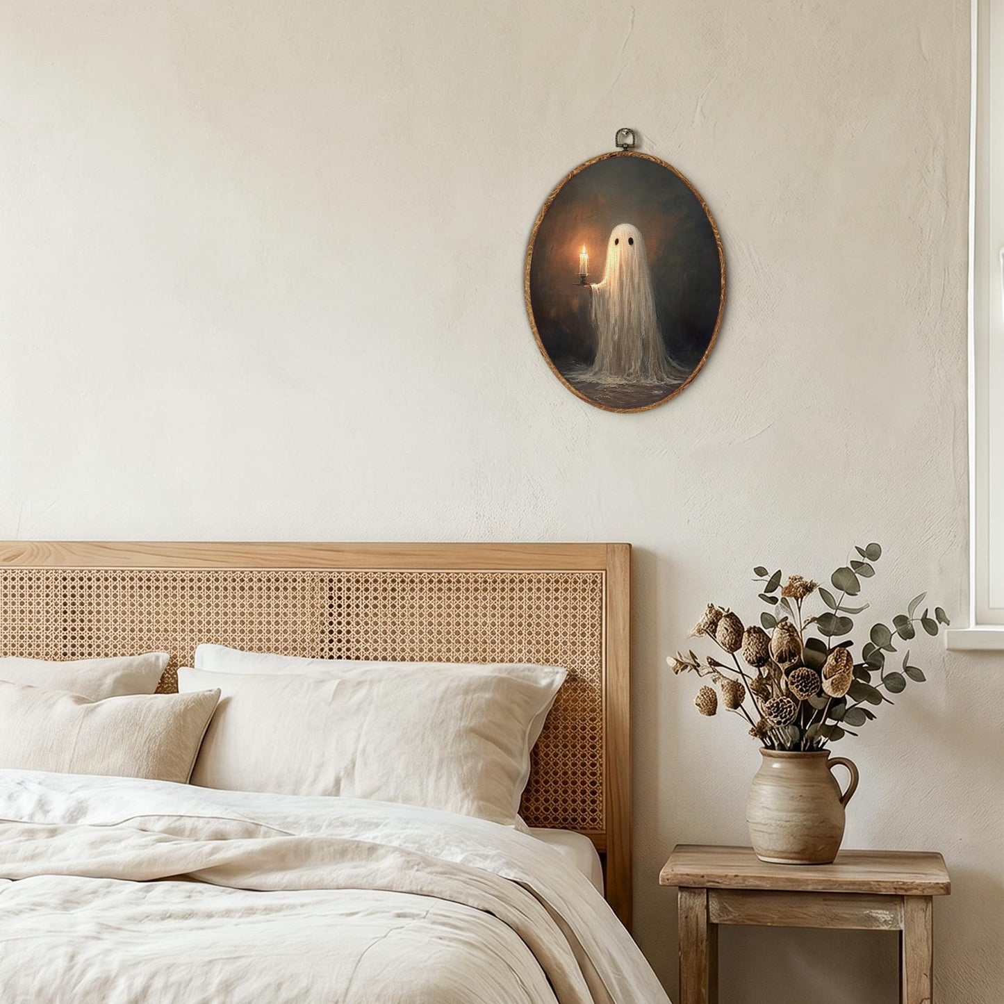 Tzhim Cute Ghost Holding Candle Canvas Wall Art, Spooky Halloween Ghost Oval Wall Art Decor, Dark Academia Room Decor, Gothic Victorian Framed Hanging Decorations for Home Bedroom, 8.5x11.5in
