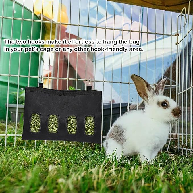 Rabbit Hay Feeder - Large Capacity Oxford Cloth Hanging Hay Bag - 4 Holes - 1 Pcs (Black)