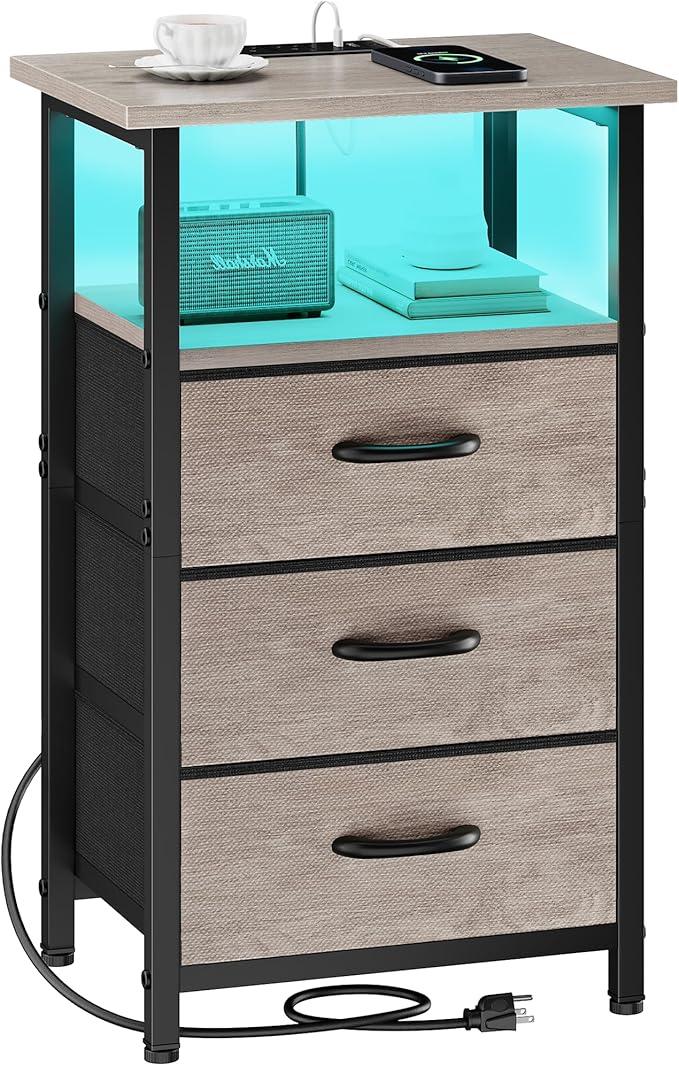 Vagusicc Night Stand with Charging Station, LED Nightstand