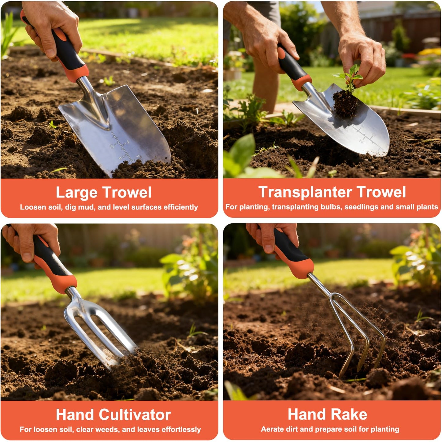 Yesker Gardening Tools 7-Piece Heavy Duty Garden Tool Set Gardening Supplies Gifts for Women Men Gardening Hand Tool Kit with Non-Slip Ergonomic Handle, Garden Bag, Pruning Shears, Black Orange
