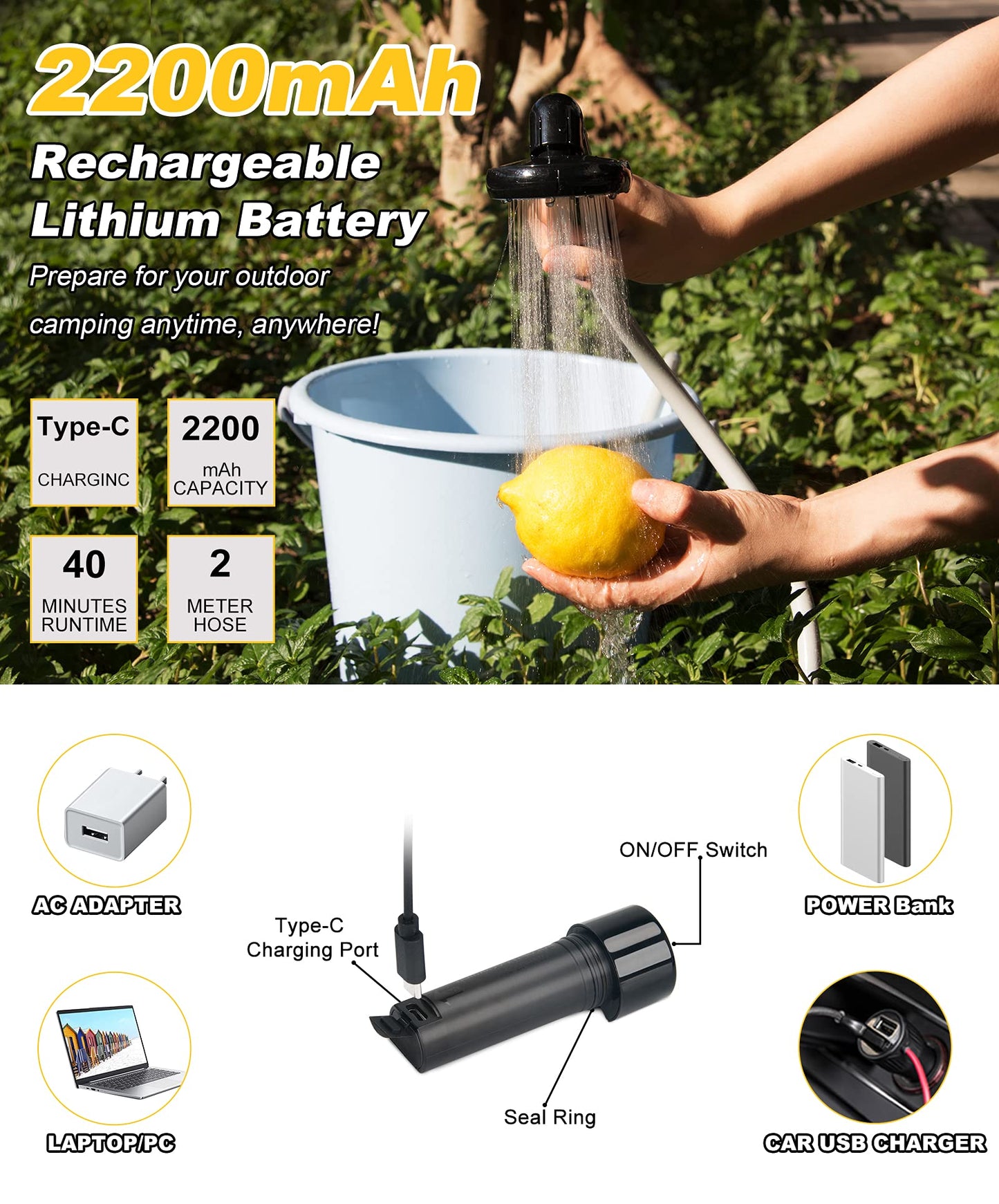 anngrowy Portable Shower for Camping - Battery Powered Compact Handheld Outdoor Rechargeable Showerhead Camp Shower Pump Electric Portable Shower Head for Pet Cleaning Beach Washing Hiking Traveling