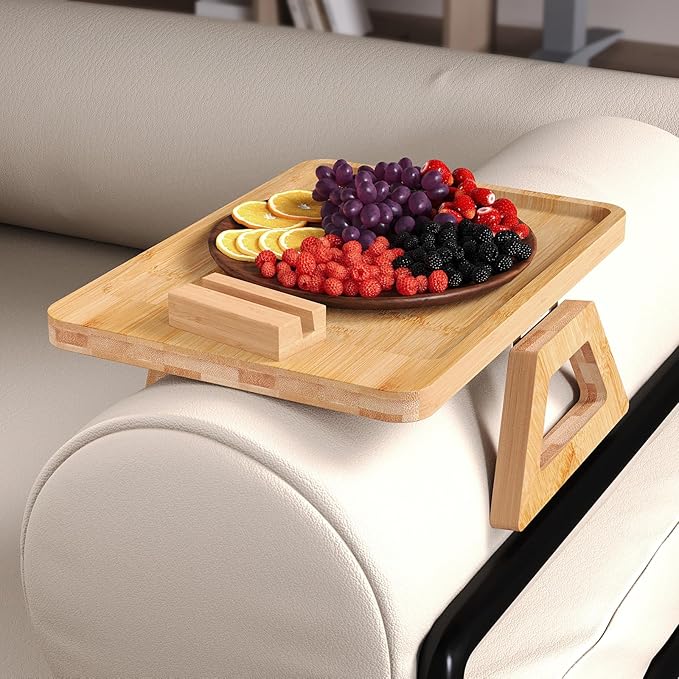 Couch Arm Tray with 360°Phone, Bamboo Folding Sofa Tray, Sofa Armrest Trays