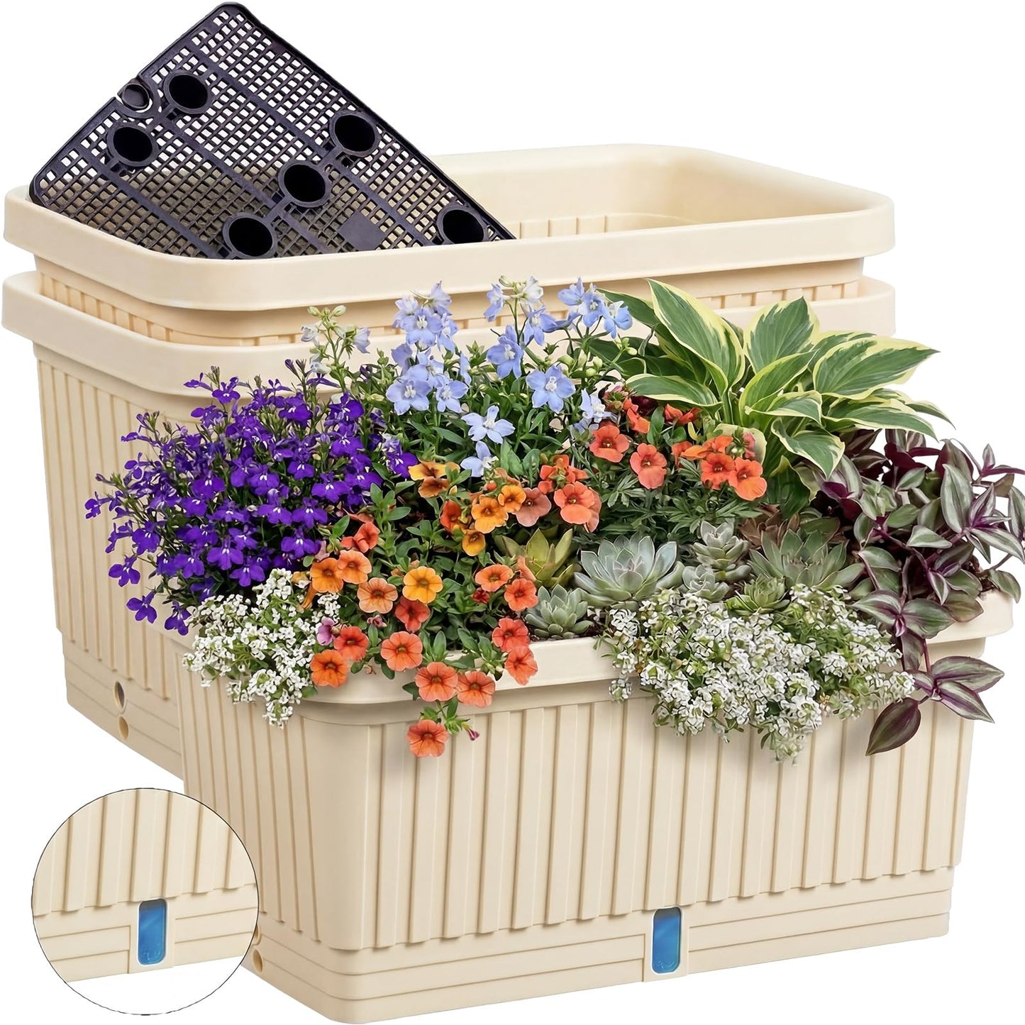 RimCereal 3 Pcs Large Planter Boxes Deep Rectangular Planter Boxes Outdoor Lightweight Plastic Planting Flower Pot with Drainage Holes Plant Pot for Patio, Courtyard, Lawn, Outdoor(Beige,20 Inches)