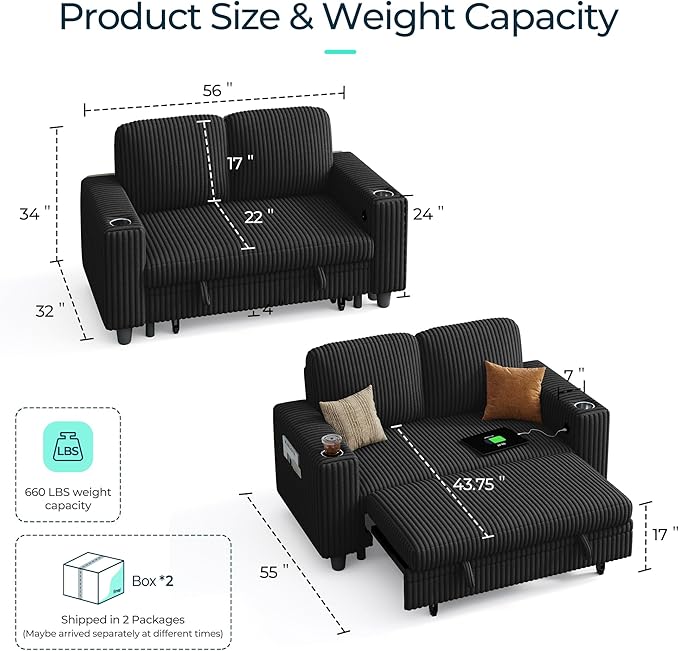LINSY HOME Loveseat Sofa with Pull Out Couch Chaise: 2-in-1 Convertible 2
